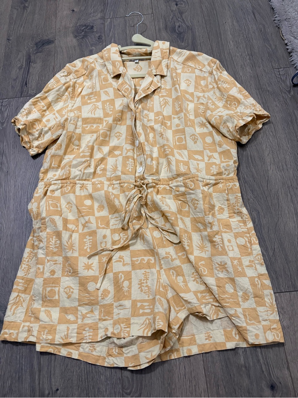 Madewell Yellow & Cream Patterned Short-Sleeve Button Romper